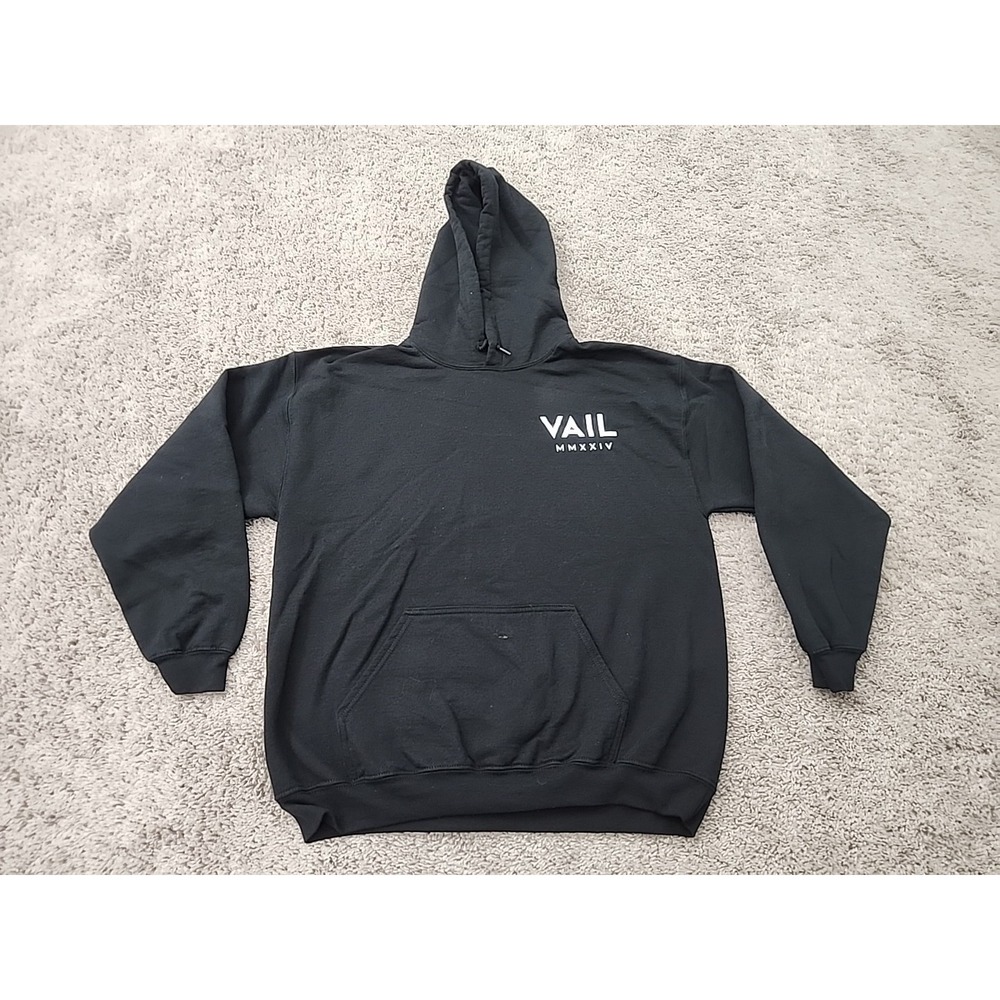 Vail Hoodie Mens L Black Gildan Heavy Blend Pullover MMXXIV Graphic Streetwear